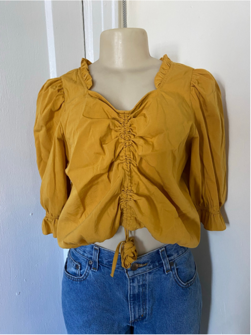 Mustard drawstring adjustable cropped blouse